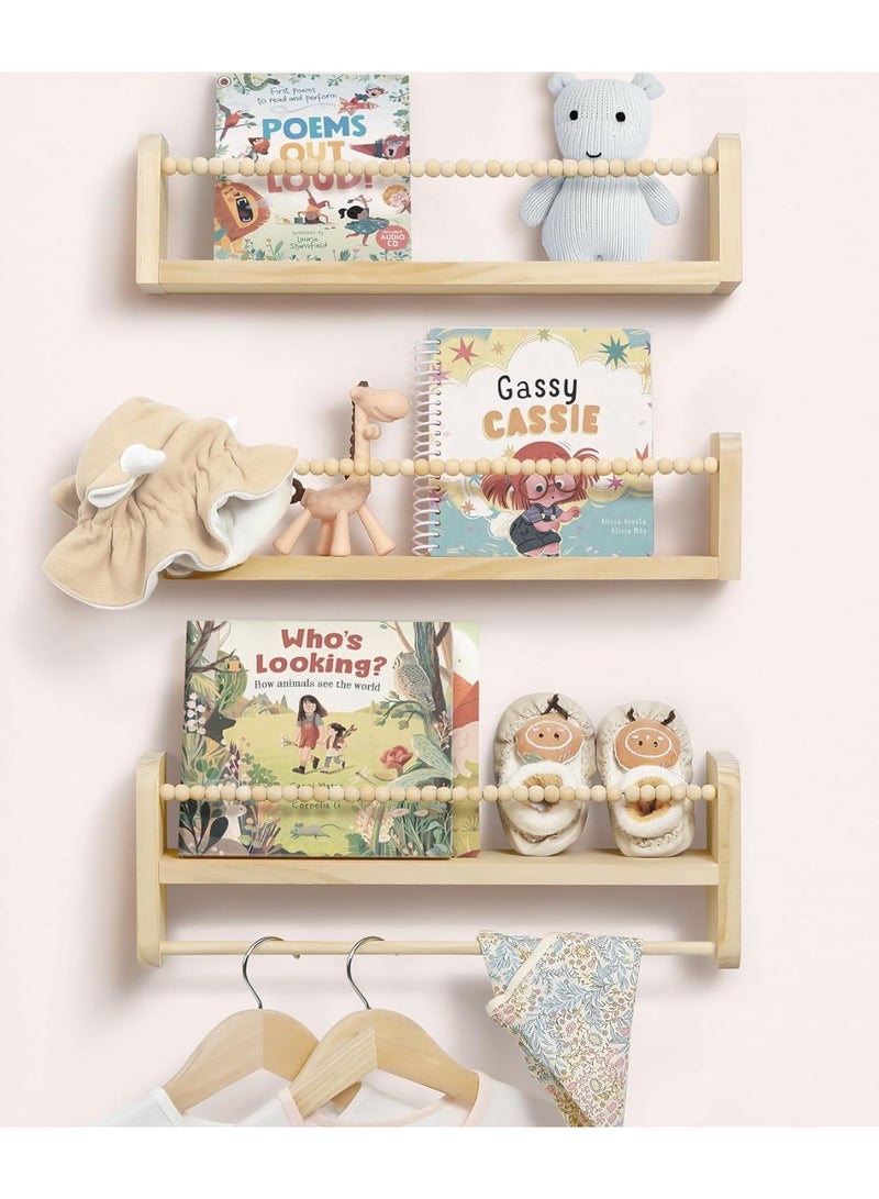 Nursery Shelves Floating Book Shelf for Wall, Kids Shelves for Bedroom Baby Bookshelf Decor, Solid Wood Small Shelving Organizer With Wooden Bead Design 40cm Set of 3 - Image 1